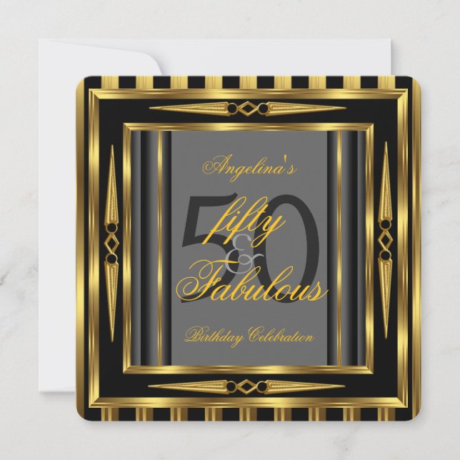 Fabulous 50 Art Deco Black Grey Gold Stripe Invitation (Front)