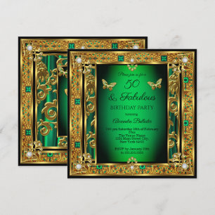 Fabulous 50 Birthday Emerald Green Butterfly Gold  Invitation