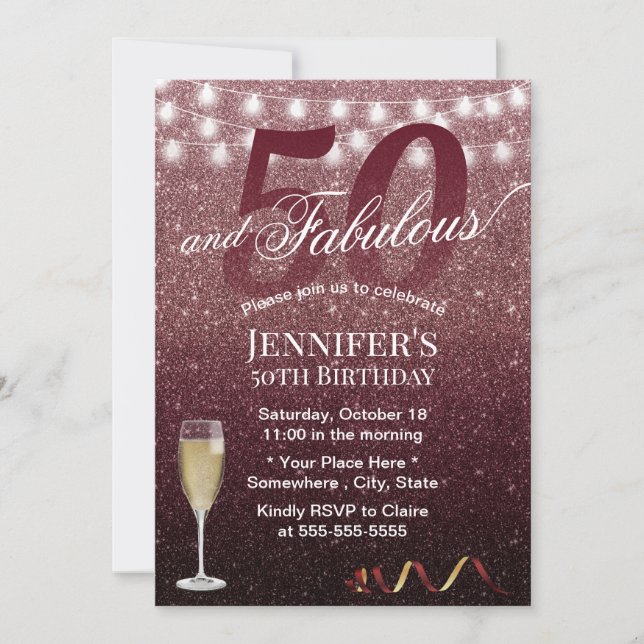 Fabulous 50 Birthday Modern Burgundy Red Glitter Invitation (Front)