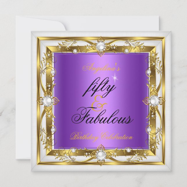 Fabulous 50 Birthday Party Purple White Pearl Gold Invitation (Front)