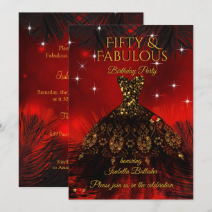 Fabulous 50 Birthday Party Red Dress Black Gold Invitation