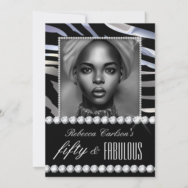 Fabulous 50 Birthday Photo Black White Zebra Gems Invitation (Front)