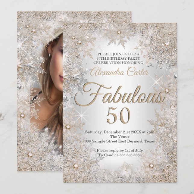 Fabulous 50 Birthday Photo Silver Beige Snowflake Invitation (Front/Back)