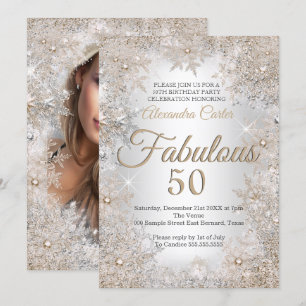 Fabulous 50 Birthday Photo Silver Beige Snowflake Invitation