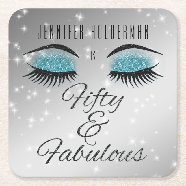 Fabulous 50 Black Aqua Glam Eyes Paper Coasters (Front)