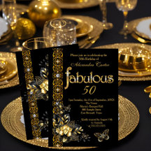 Fabulous 50 Black floral Gold birthday butterfly 