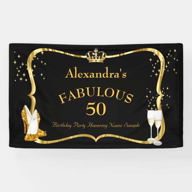 fabulous 50 Black Gold Heels Champagne Birthday Banner (Horizontal)