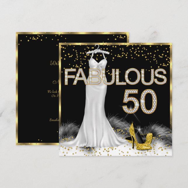 Fabulous 50 Black Gold White Birthday Party Invitation (Front/Back)