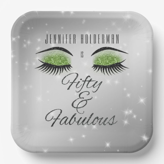Fabulous 50 Black Green Glam Eyes Paper Plates (Front)