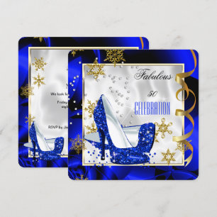 Fabulous 50 Blue Gold Abstract Heel Birthday Party Invitation