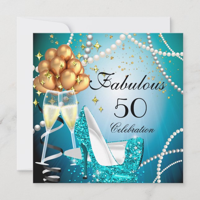 Fabulous 50 Blue High Heels Gold Champagne Party Invitation (Front)