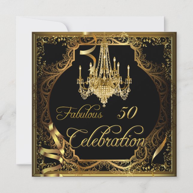 Fabulous 50 Celebration Gold Black Chandelier Invitation (Front)