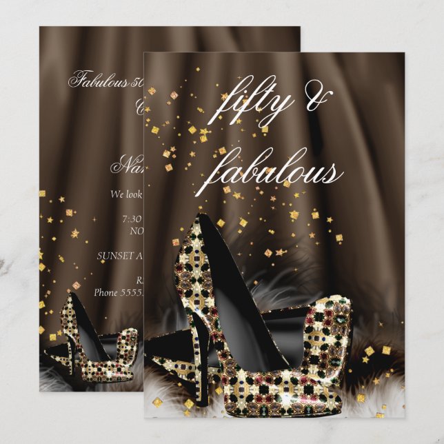 Fabulous 50 Chocolate Brown Gold Heels Birthday Invitation (Front/Back)