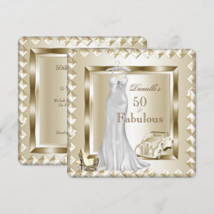 Fabulous 50 Cream Gold Deco Vintage Car Dress Heel Invitation