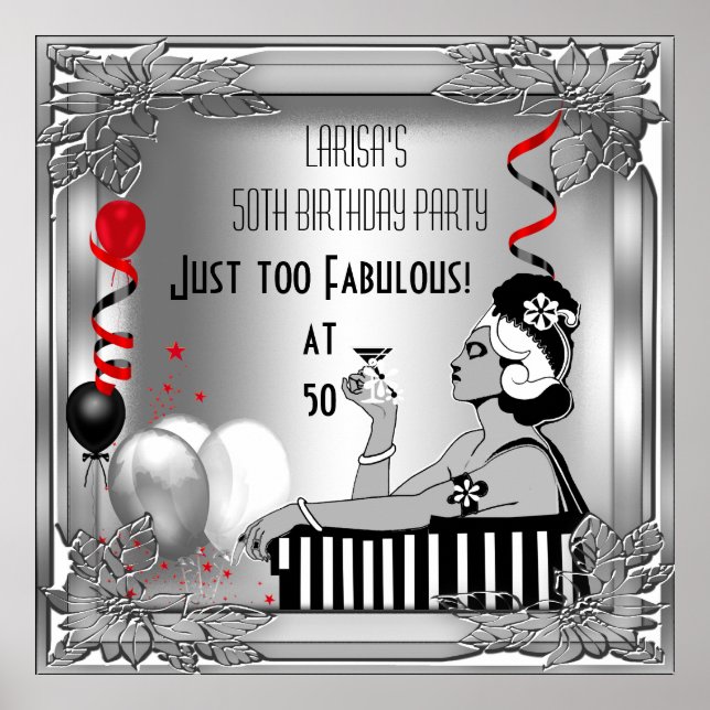 Fabulous 50 Diva Art Deco Birthday Banner Red Poster (Front)