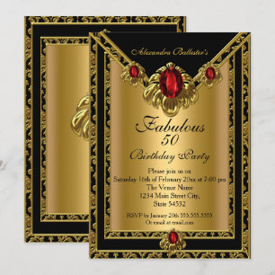 Fabulous 50 Elegant Gold Damask Red Gem Birthday Invitation
