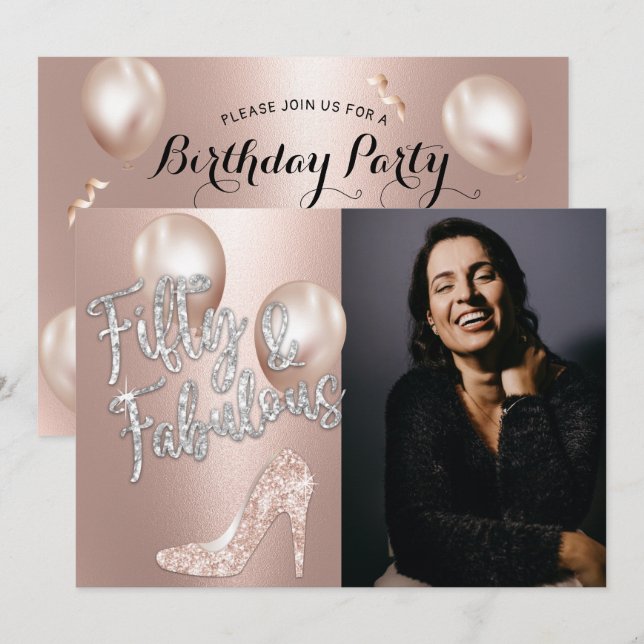 Fabulous 50 Elegant Rose Gold Photo 50th Birthday Invitation (Front/Back)