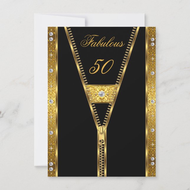 Fabulous 50 Elegant Zipper Diamond Gem Gold Black Invitation (Back)
