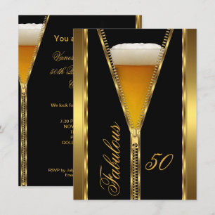 Fabulous 50 Elegant Zipper Gold Beer Drink Invitation