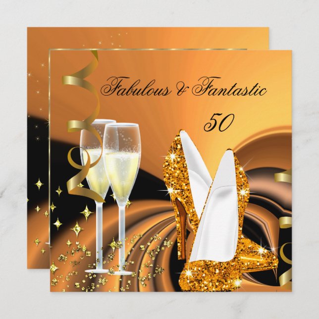 Fabulous 50 Fantastic Abstract Gold Birthday Party Invitation (Front/Back)