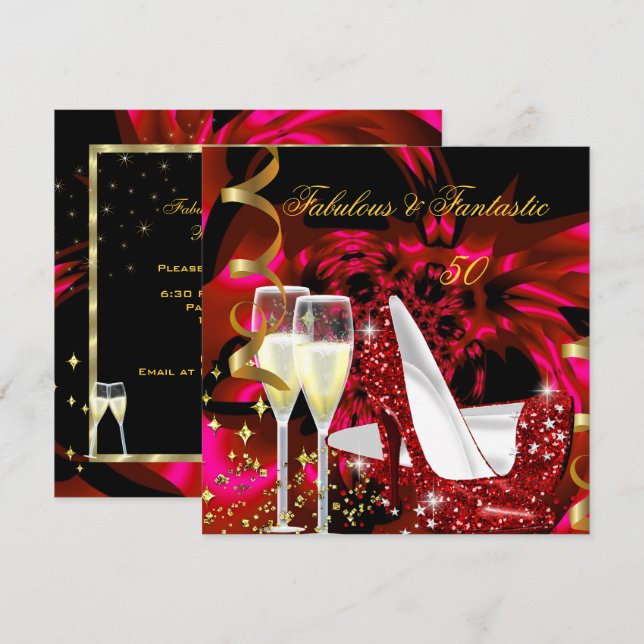 Fabulous 50 Fantastic Abstract Red Gold Birthday 2 Invitation (Front/Back)