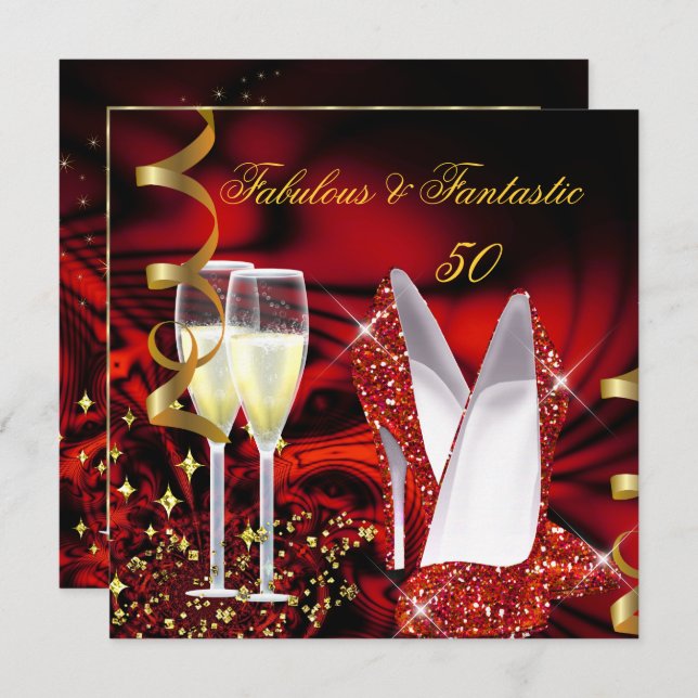 Fabulous 50 Fantastic Abstract Red Gold Birthday Invitation (Front/Back)