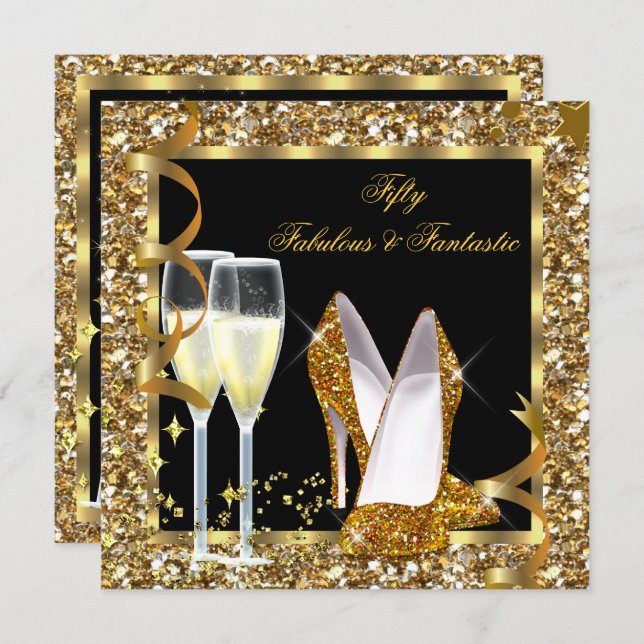 Fabulous 50 Fantastic Black Gold Birthday Party Invitation (Front/Back)