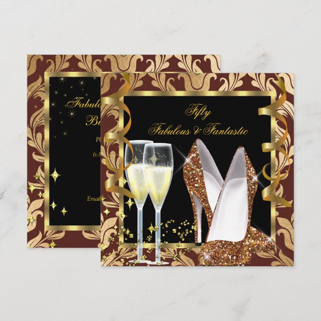 Fabulous 50 & Fantastic Brown Gold Damask Party Invitation (Front/Back)
