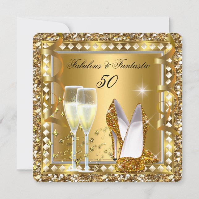 Fabulous 50 & Fantastic Gold Glam Silver Birthday Invitation (Front)