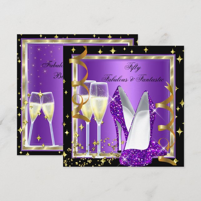 Fabulous 50 Fantastic Purple Black Gold Party 2 Invitation (Front/Back)