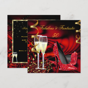 Fabulous 50 Fantastic Red Gold Abstract Birthday Invitation