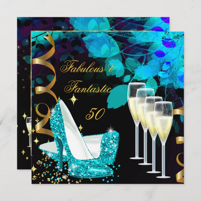 Fabulous 50 Fantastic Teal Gold Champagne Birthday Invitation (Front/Back)