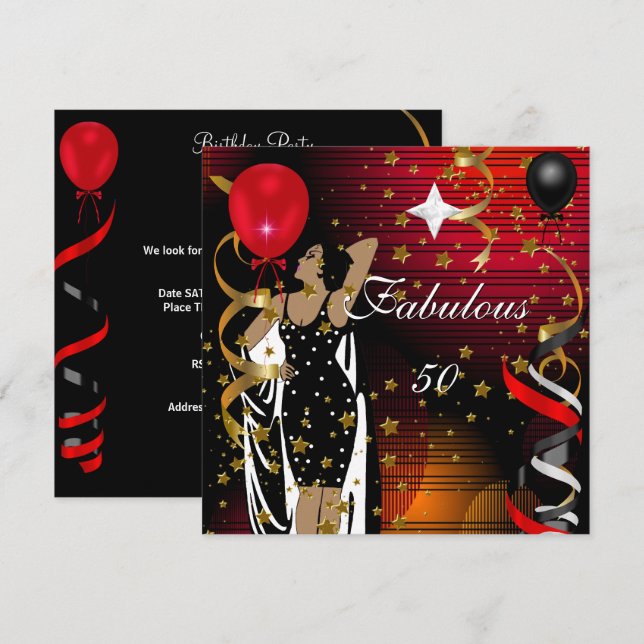 Fabulous 50 Fifty Birthday Party Black Red Stars 2 Invitation (Front/Back)
