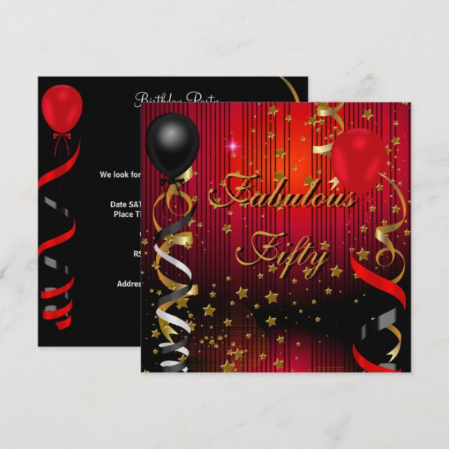 Fabulous 50 Fifty Birthday Party Black Red Stars Invitation (Front/Back)