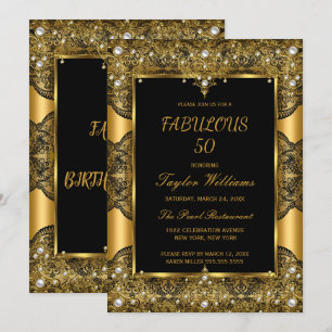 Fabulous 50 Glamour Black Lace Pearl Gold Invitation