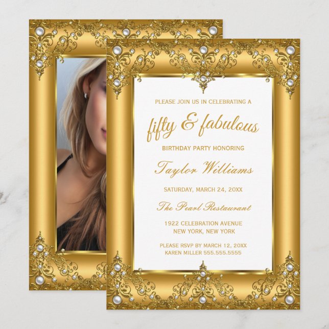 Fabulous 50 Glamour Pearl Gold Photo party Invitation (Front/Back)