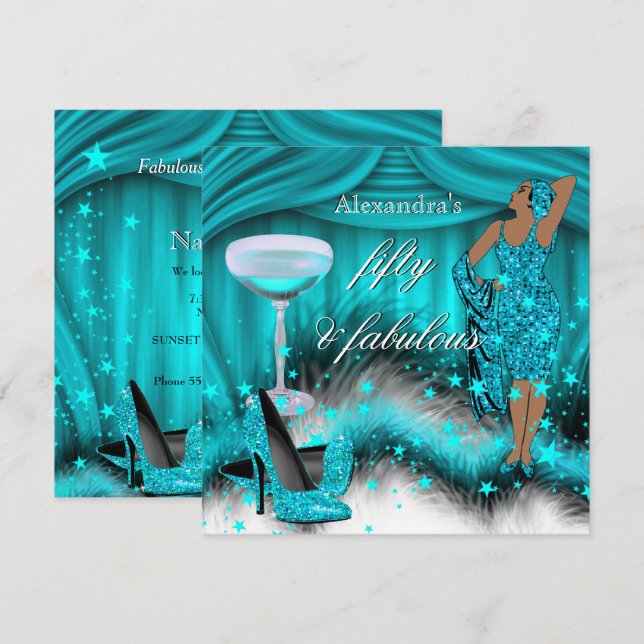 Fabulous 50 Glamourous Teal Blue High Heel Birthda Invitation (Front/Back)