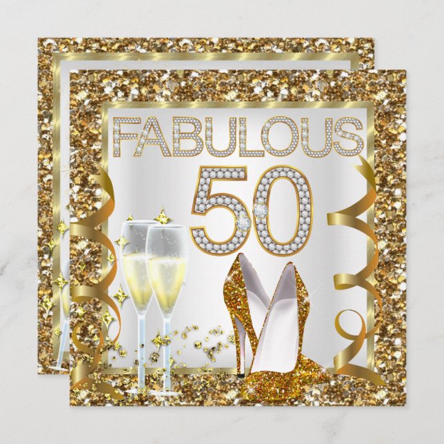 Fabulous 50 Glitter White Gold Birthday Party Invitation (Front/Back)