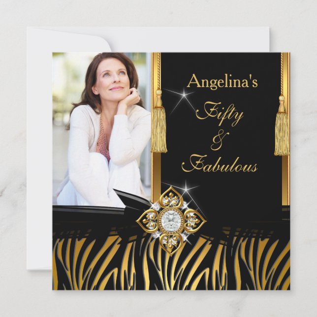 Fabulous 50 Gold Black Zebra Photo Birthday Party Invitation (Front)