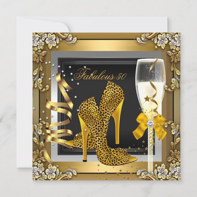 Fabulous 50 Gold Leopard Black Champagne Birthday Invitation (Front)