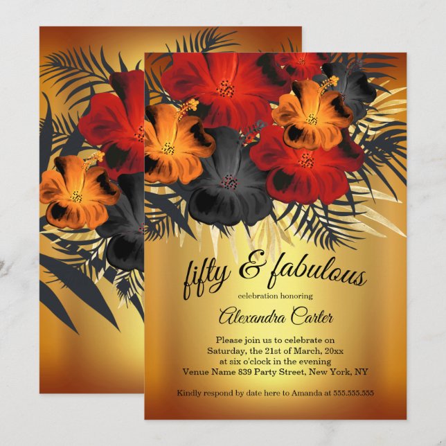 Fabulous 50 Gold Red Orange Black Hibiscus party Invitation (Front/Back)