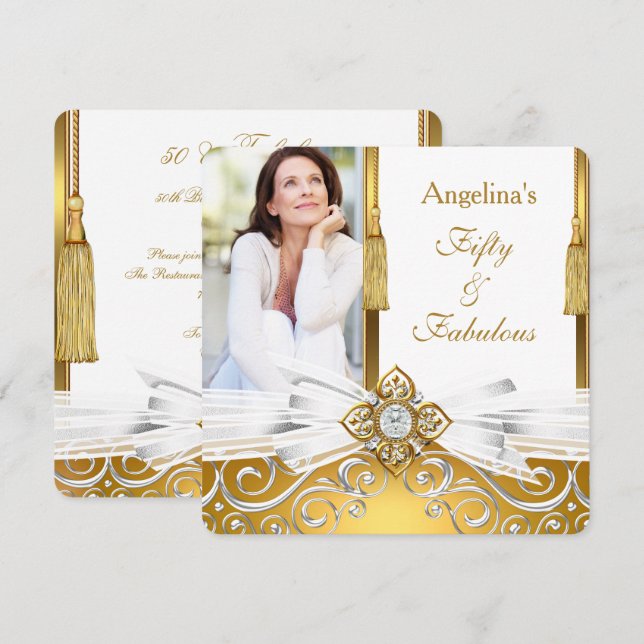 Fabulous 50 Gold White Damask Photo Birthday Party Invitation (Front/Back)