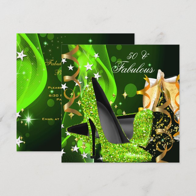 Fabulous 50 Lime Green Gold Heels Birthday Party Invitation (Front/Back)