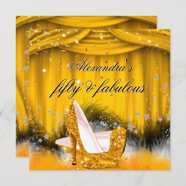 Fabulous 50 Orange Gold High Heels Feather Party Invitation (Front/Back)