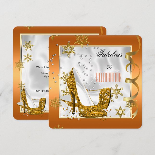 Fabulous 50 Orange Gold White Heels Birthday Party Invitation (Front/Back)