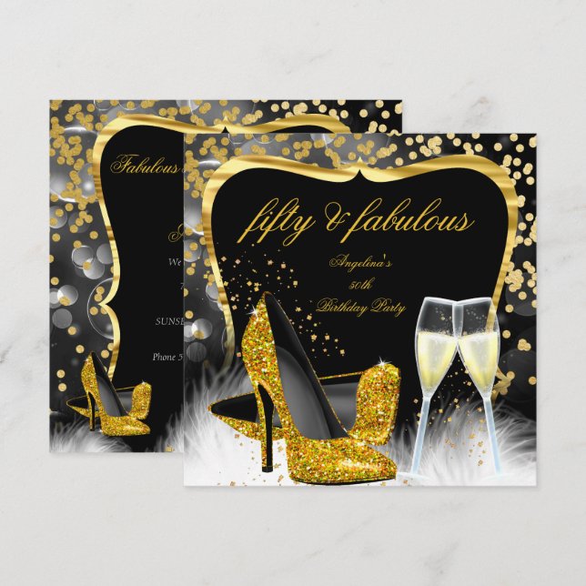 Fabulous 50 Party Black Gold Champagne High Heel Invitation (Front/Back)