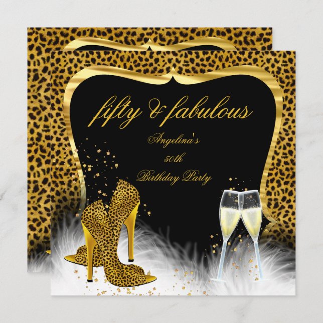 Fabulous 50 Party Gold Champagne Leopard Invitation (Front/Back)