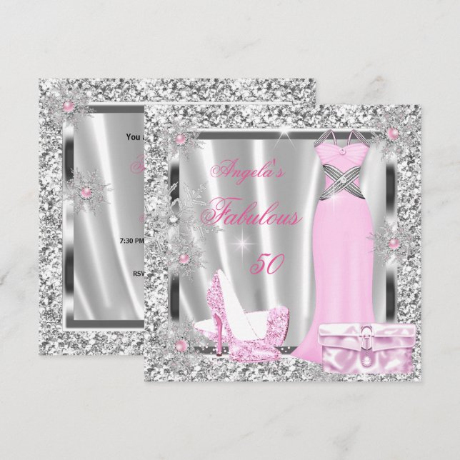 Fabulous 50 Party Light Pink Silver Snowflakes Invitation (Front/Back)