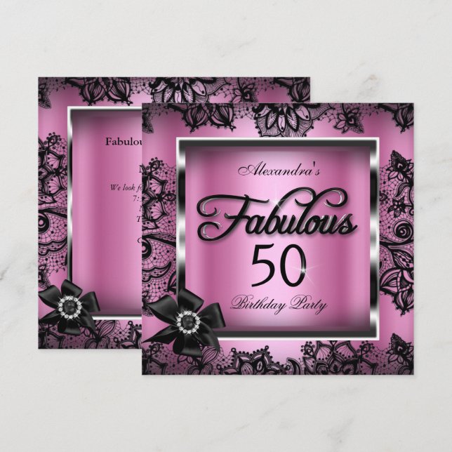 Fabulous 50 Party Pink Damask Black Lace Pearl Invitation (Front/Back)