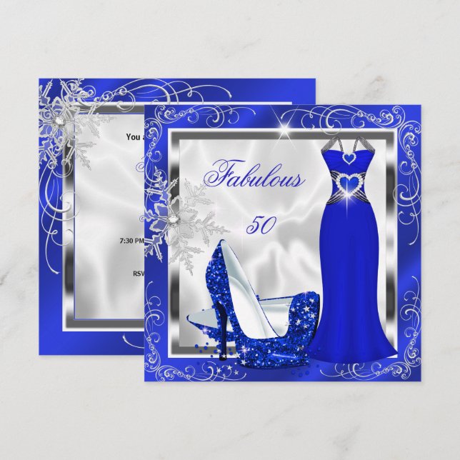 Fabulous 50 Party Royal Blue Silver Dress Heels S9 Invitation (Front/Back)